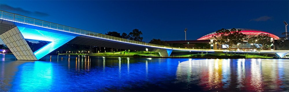 Footbridge across the Torrens River, with the Adelaide Oval stadium in the background